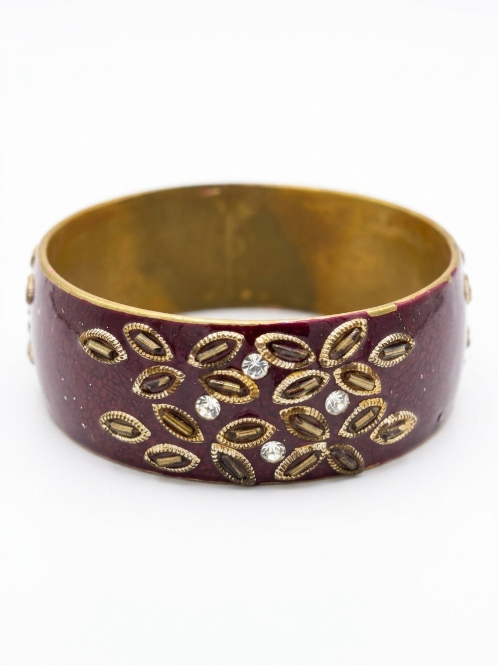 Vintage Purple Maroon Enamel Bangle Bracelet Gold Tone Leaf Accents Rhinestones